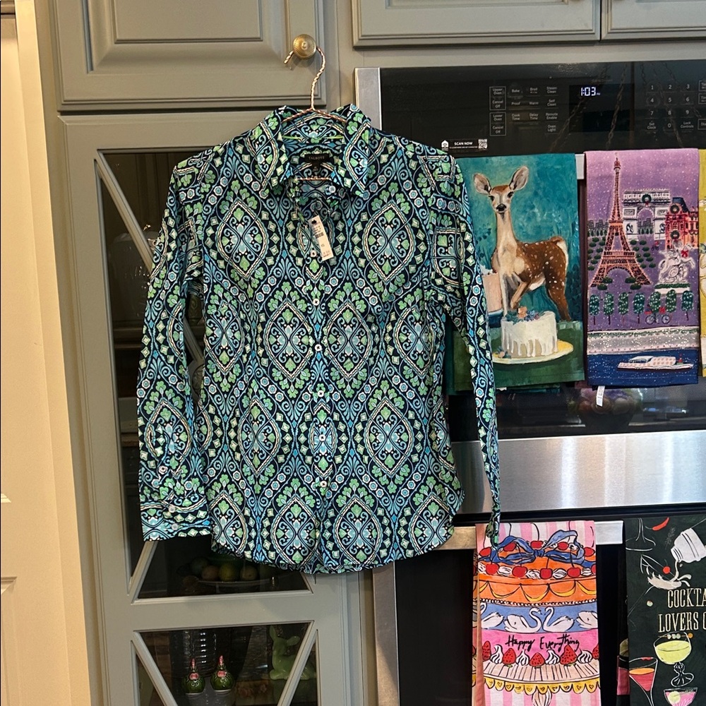 Talbots Blue and Green Patterned Cotton  Button Down Shirt XS